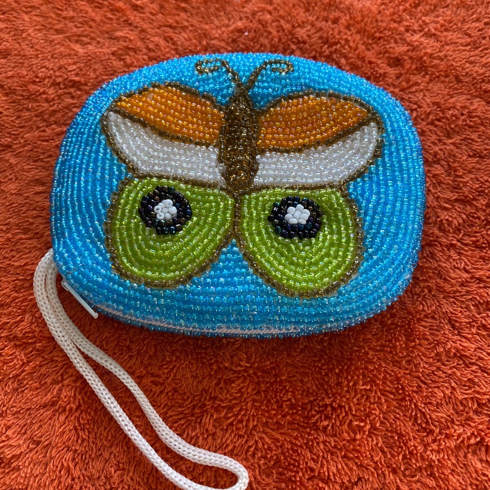 Vintage Handmade Beaded butterfly coin purse